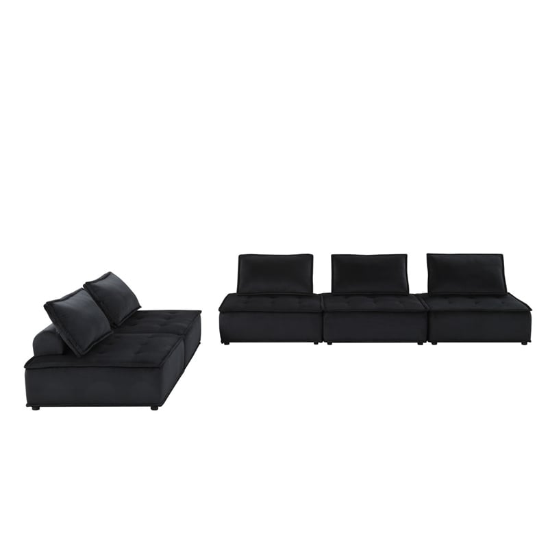Benjara Alaya 5pc Modular Sectional Sofa with 2 Ottomans-Black Velvet Upholstery