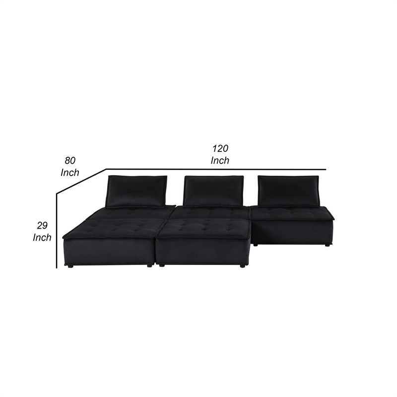 Benjara Alaya 5pc Modular Sectional Sofa with 2 Ottomans-Black Velvet Upholstery