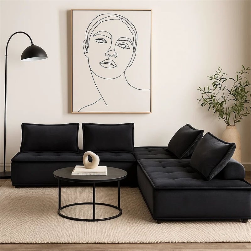 Benjara Alaya 5pc Modular Sectional Sofa with 2 Ottomans-Black Velvet Upholstery