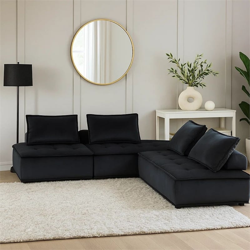 Benjara Alaya 5pc Modular Sectional Sofa with 2 Ottomans-Black Velvet Upholstery