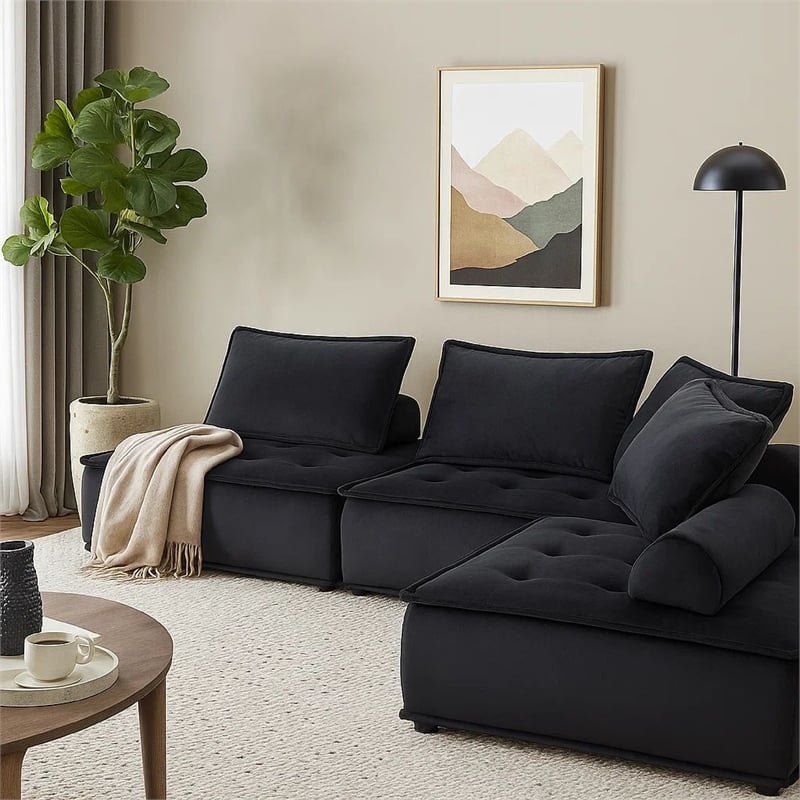 Benjara Alaya 5pc Modular Sectional Sofa with 2 Ottomans-Black Velvet Upholstery