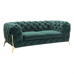 Benjara Vigo 74&quot Loveseat- Button Tufted Chesterfield- Emerald Green- Gold