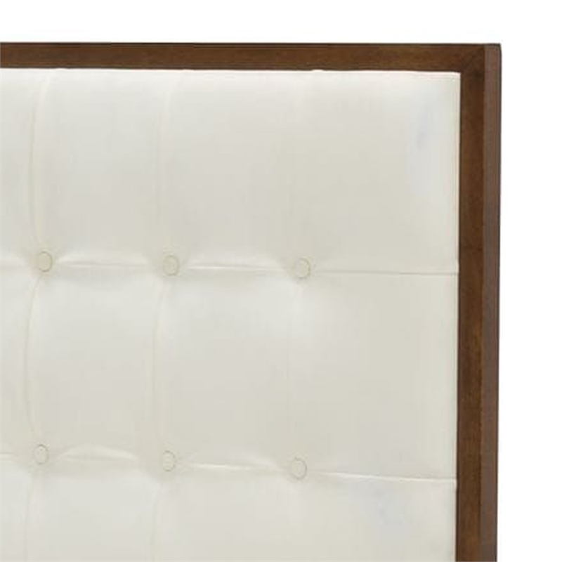Benjara Cid Jess Queen Platform Bed- White Tufted Faux Leather- Walnut Brown