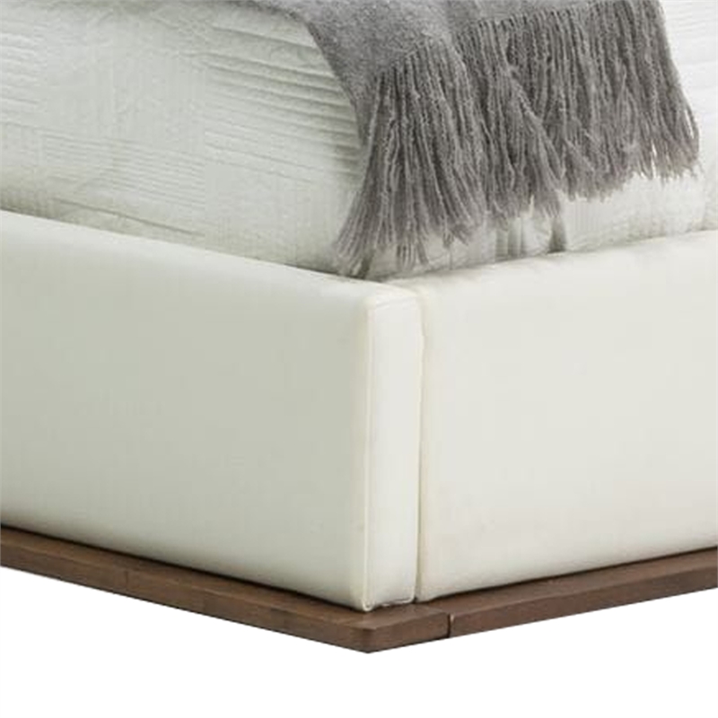 Benjara Cid Jess Queen Platform Bed- White Tufted Faux Leather- Walnut Brown