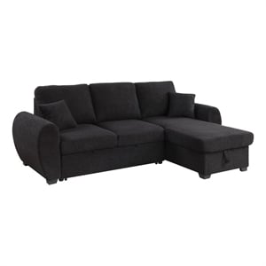 Benjara 95&quot Sleeper Sectional Sofa with Storage Chaise- Black Teddy Fleece