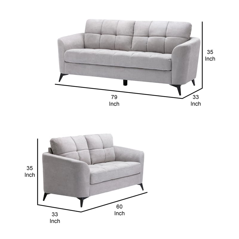 Benjara Odin 2 PC Sofa & Loveseat Set- Light Gray Linen Upholstery