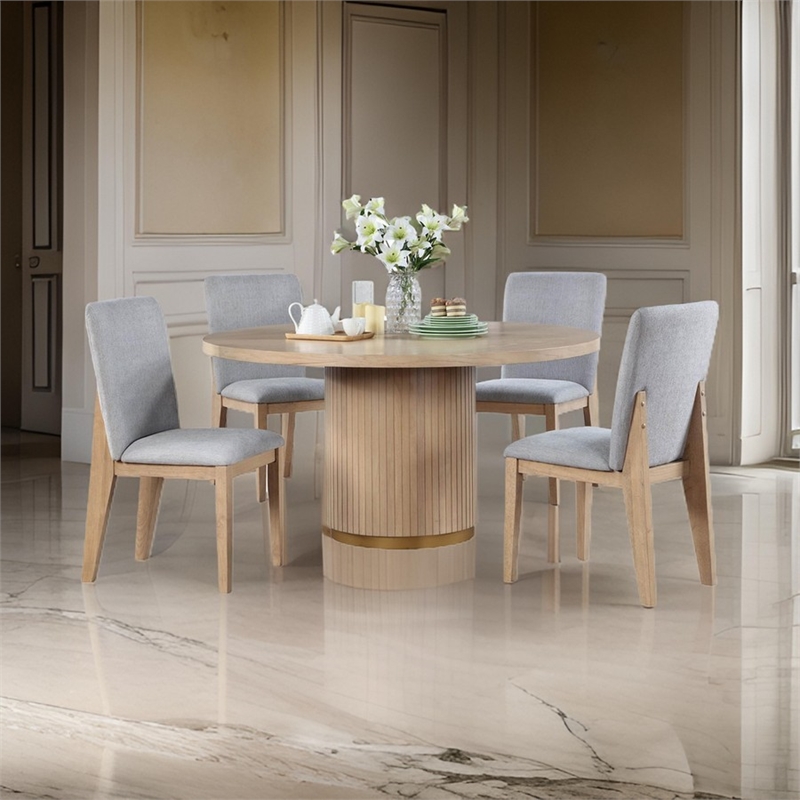Benjara Emi 5 Piece Dining Table and Chairs Set- Round- Pedestal Base- Oak Brown