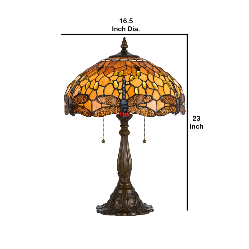 Benjara 2 Bulb Table Lamp with Dragonfly Design Shade- Multicolor
