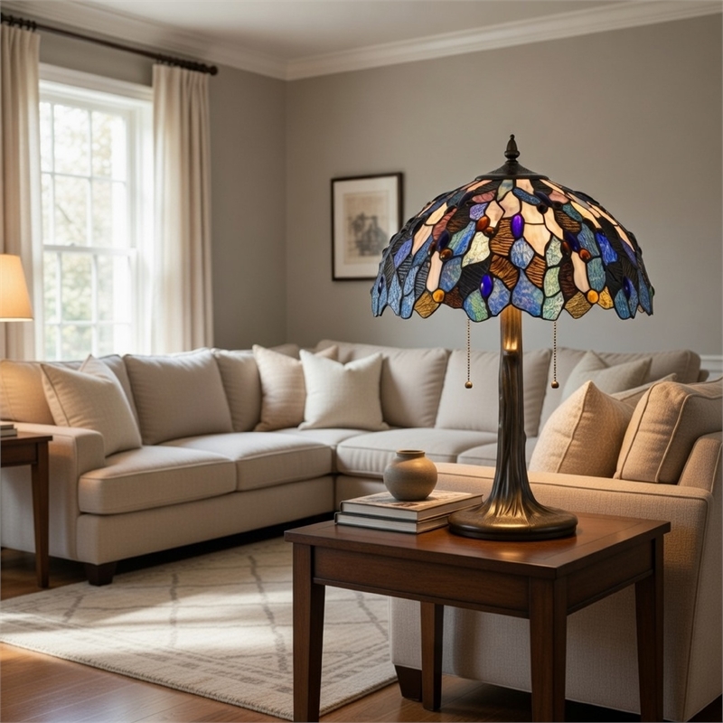 Benjara 2 Bulb Floor Lamp with Mosaic Design Shade- Multicolor