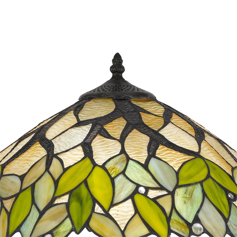 Benjara 2 Bulb Table Lamp with Leaf Design Glass Shade- Multicolor