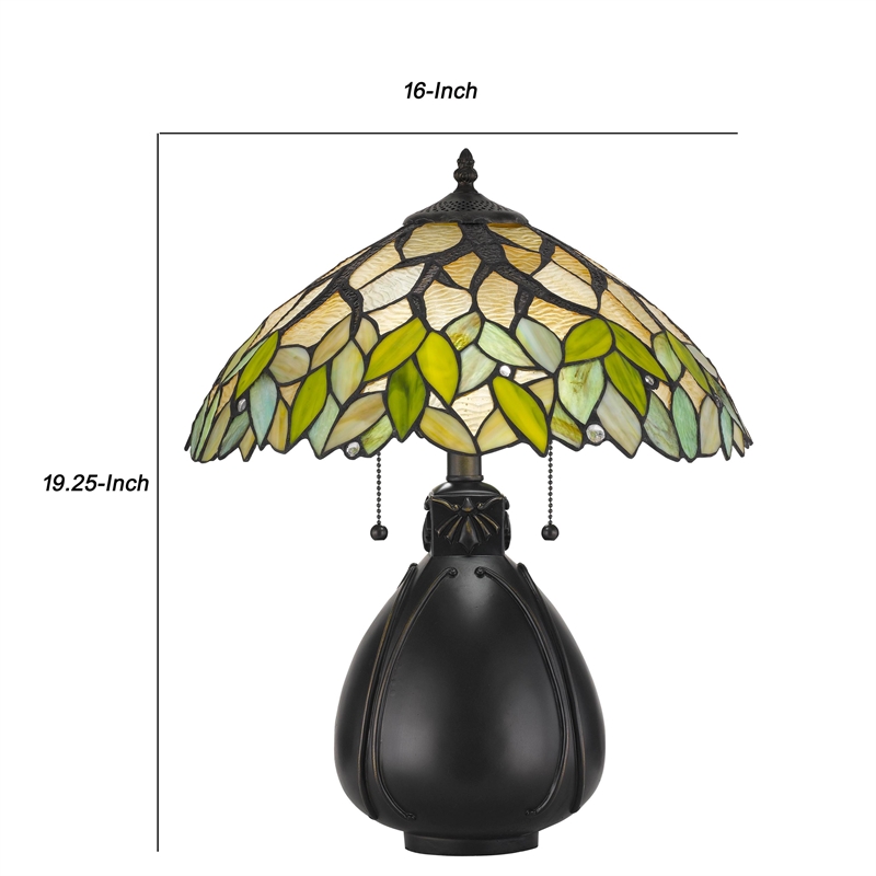 Benjara 2 Bulb Table Lamp with Leaf Design Glass Shade- Multicolor