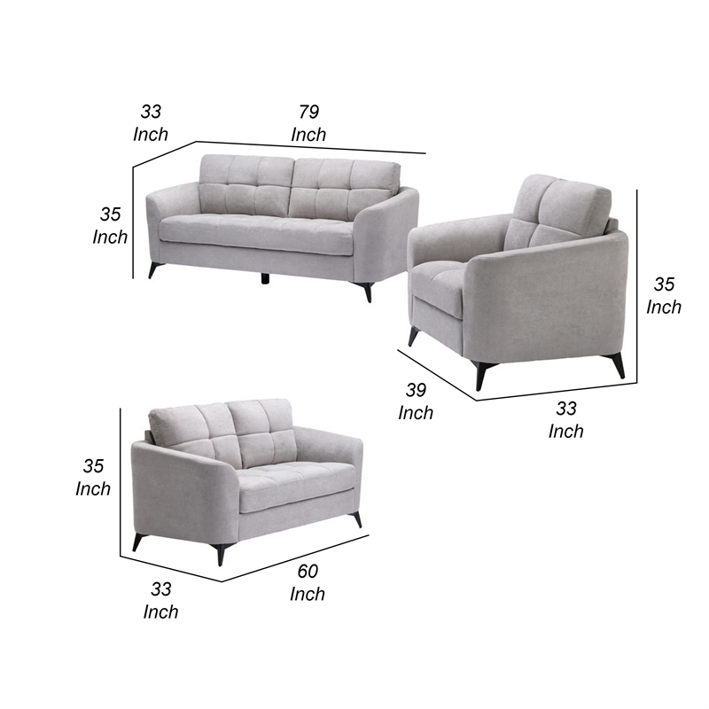 Benjara Odin 3 PC Sofa- Loveseat- Chair Set- Tufted Cushions- Light Gray Velvet