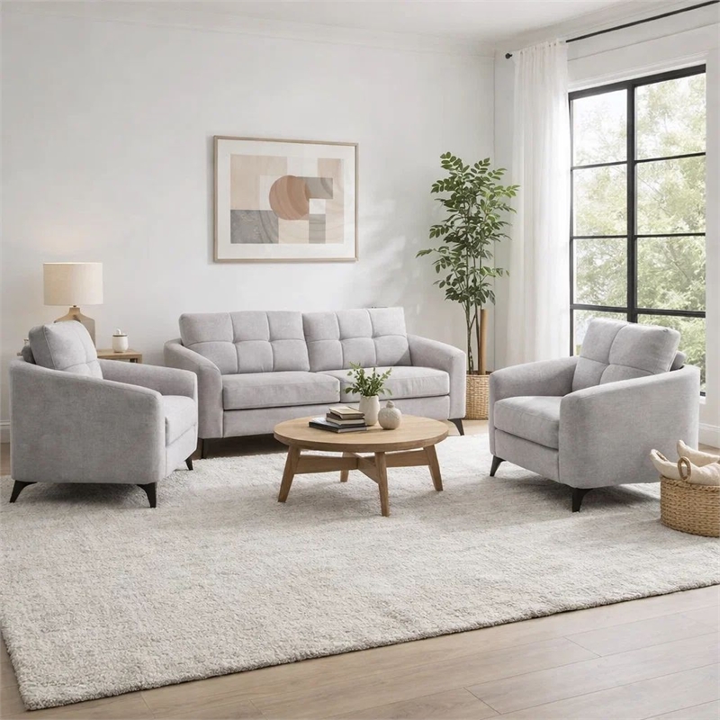 Benjara Odin 3 PC Sofa- Loveseat- Chair Set- Tufted Cushions- Light Gray Velvet