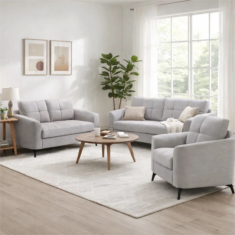 Benjara Odin 3 PC Sofa- Loveseat- Chair Set- Tufted Cushions- Light Gray Velvet