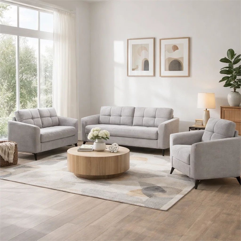 Benjara Odin 3 PC Sofa- Loveseat- Chair Set- Tufted Cushions- Light Gray Velvet