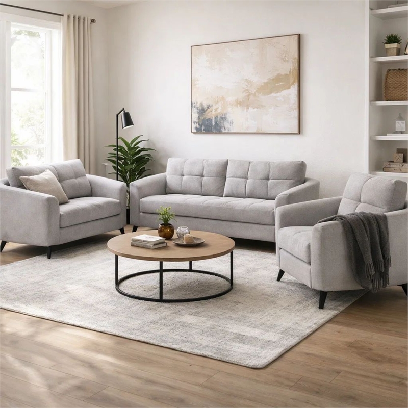 Benjara Odin 3 PC Sofa- Loveseat- Chair Set- Tufted Cushions- Light Gray Velvet