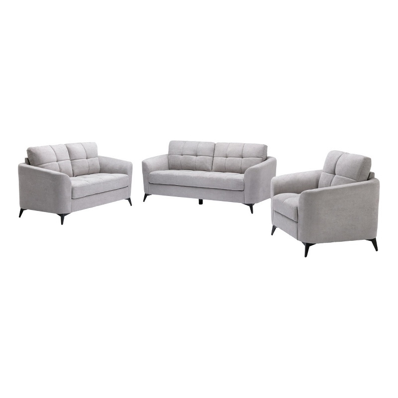 Benjara Odin 3 PC Sofa- Loveseat- Chair Set- Tufted Cushions- Light Gray Velvet