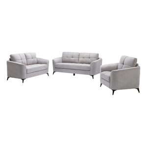 Benjara Odin 3 PC Sofa- Loveseat- Chair Set- Tufted Cushions- Light Gray Velvet