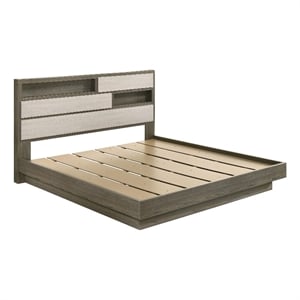 Benjara Fene King Size Bed- Bookcase Headboard- Wood Gray- Hidden Storage