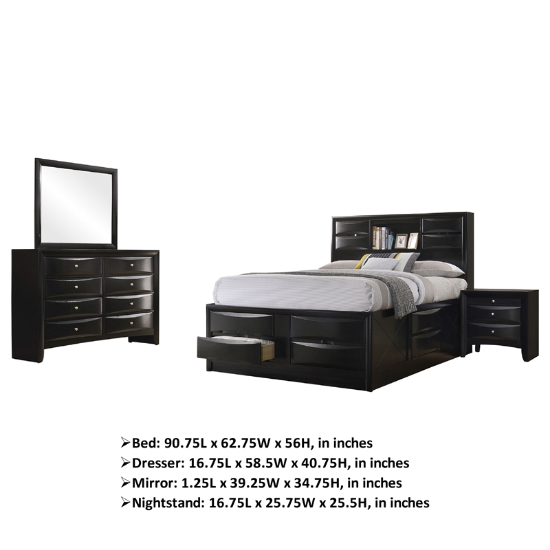 Benjara 4pc Queen Bedroom Set with Storage Headboard and Footboard- Black