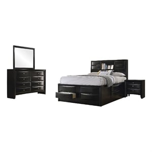 Benjara 4pc Queen Bedroom Set with Storage Headboard and Footboard- Black