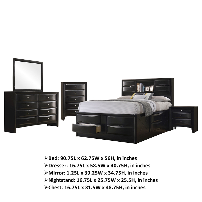 Benjara 5pc Queen Bedroom Set with Storage Headboard and Footboard- Black