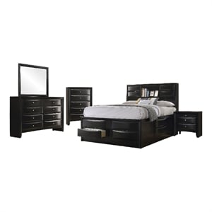 Benjara 5pc Queen Bedroom Set with Storage Headboard and Footboard- Black