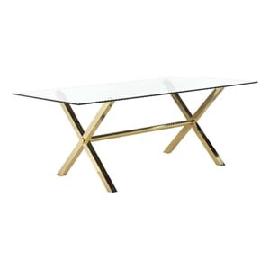 Benjara Tia 79&quot Dining Table- Rectangular Tempered Glass Top- Gold- Clear