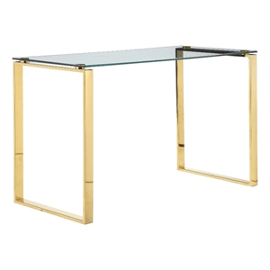 Benjara 47&quot Modern Office Desk- Clear Tempered Glass- Gold Sled Steel Frame