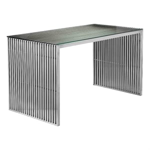 Benjara Meza 59&quot Office Desk- Glass Top- Waterfall Slatted Panel- Silver Finish