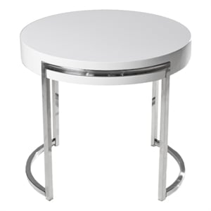 Benjara Dami 22&quot Side End Table- White Lacquer Round Top- Open Metal Frame