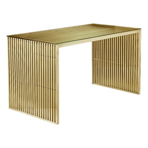 Benjara Meza 59&quot Office Desk- Tempered Glass- Waterfall Design- Gold Steel