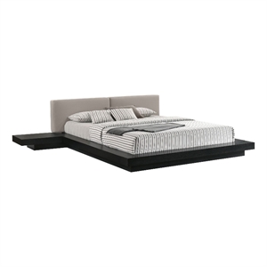 Benjara Nia Queen Size Bed- Gray Faux Leather- Black Layered Low Profile Frame