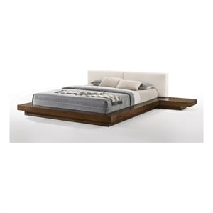 Benjara Nia Queen Size Bed-White Faux Leather-Walnut Brown Low Profile Platform