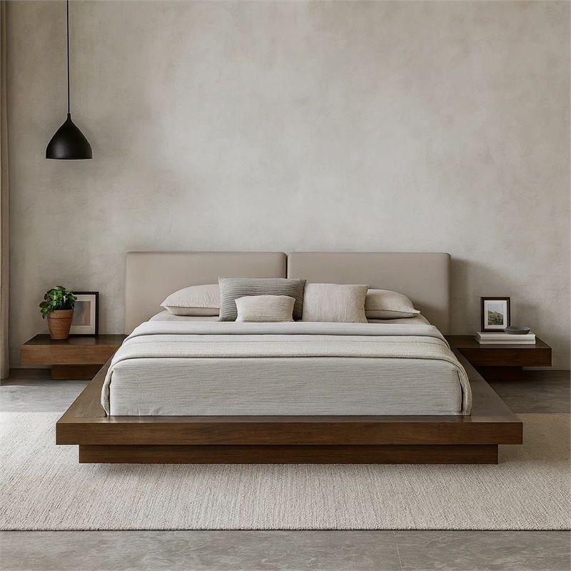 Benjara Nia Queen Size Bed-Gray Faux Leather-Walnut Brown Low Profile Platform