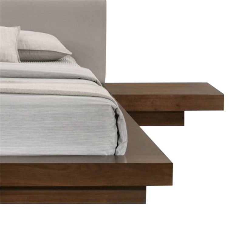 Benjara Nia Queen Size Bed-Gray Faux Leather-Walnut Brown Low Profile Platform