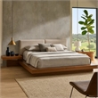 Benjara Nia Queen Size Bed-Gray Faux Leather-Walnut Brown Low Profile Platform