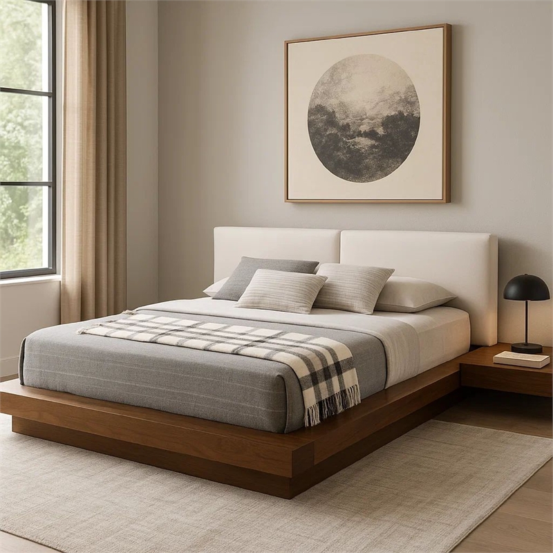 Benjara Nia Queen Size Bed-Gray Faux Leather-Walnut Brown Low Profile Platform