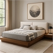 Benjara Nia Queen Size Bed-Gray Faux Leather-Walnut Brown Low Profile Platform