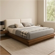 Benjara Nia Queen Size Bed-Gray Faux Leather-Walnut Brown Low Profile Platform
