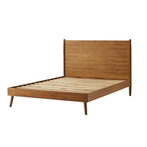 Benjara California King Bed with Panel Design- Natural Brown Acacia Wood