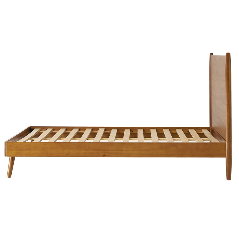 Benjara California King Bed with Panel Design- Natural Brown Acacia Wood