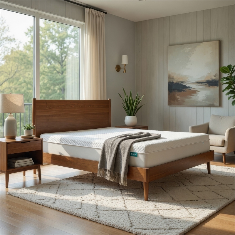 Benjara California King Bed with Panel Design- Natural Brown Acacia Wood