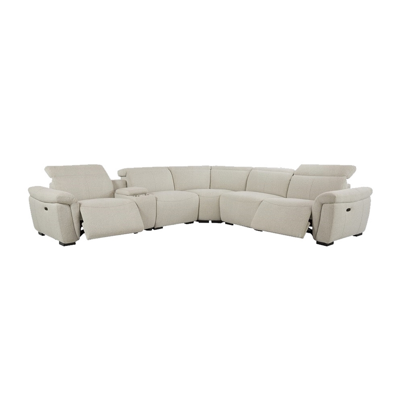 Benjara Ayna Power Motion Sectional Sofa- Beige Boucle Upholstery- Console
