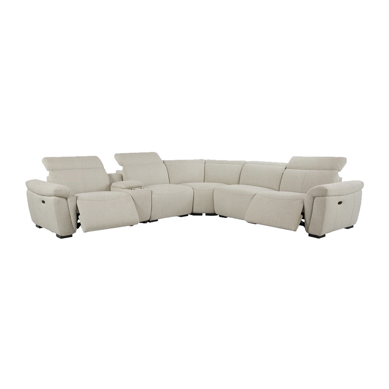 Benjara Ayna Power Motion Sectional Sofa- Beige Boucle Upholstery- Console