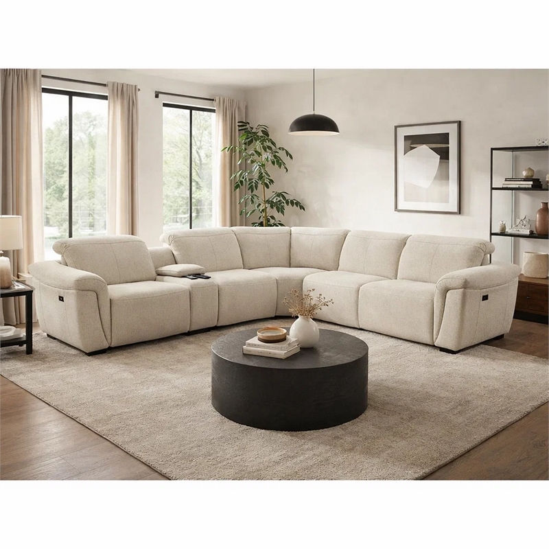 Benjara Ayna Power Motion Sectional Sofa- Beige Boucle Upholstery- Console