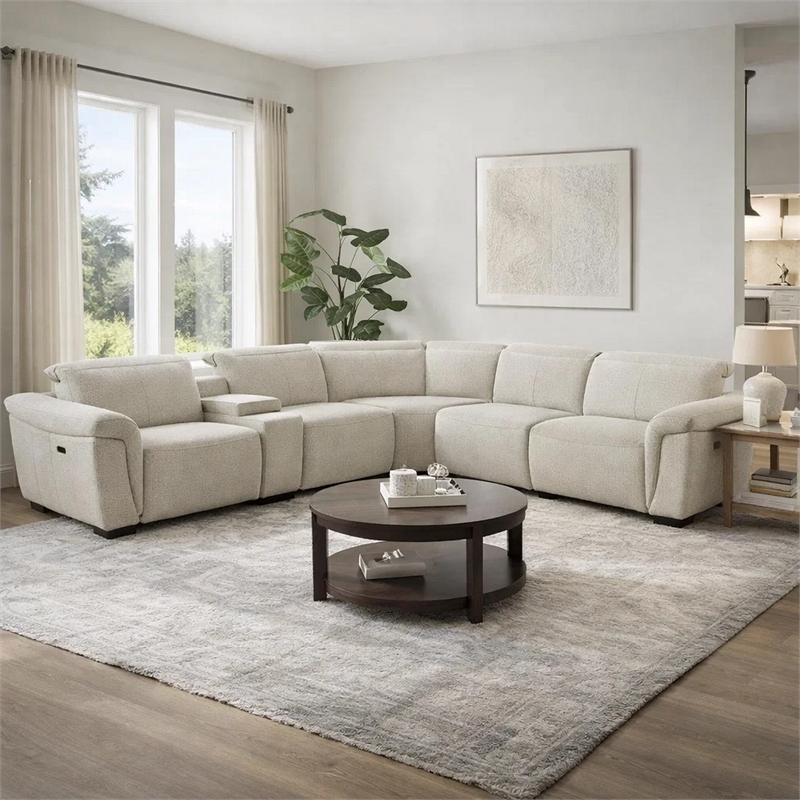 Benjara Ayna Power Motion Sectional Sofa- Beige Boucle Upholstery- Console