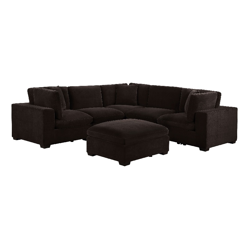 Benjara Lahe 6pc Modular Sectional Sofa with Ottoman- Dark Brown- 3 Pillows
