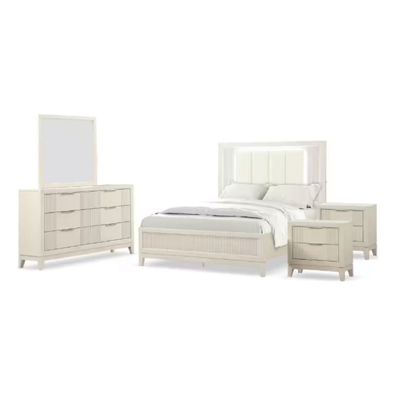 Toi 5pc Queen Bedroom Set w 2 Nightstands- Fluted LED- White Upholstery