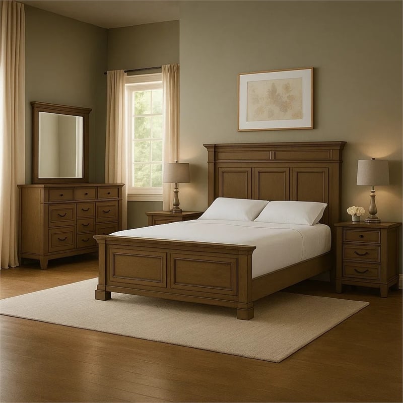 Huder 4pc Queen Bedroom Set- Sculpted Tall Headboard- Dark Walnut Brown